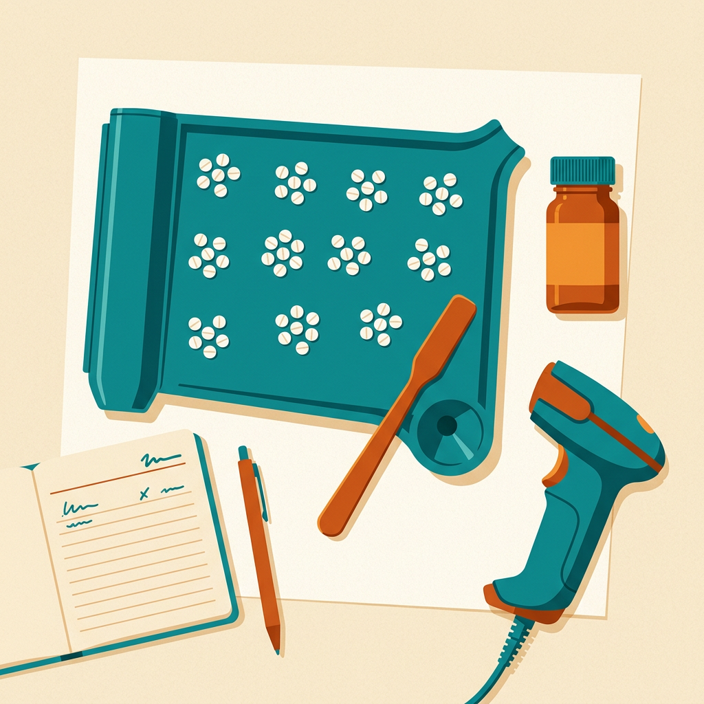 Illustration of a pharmacy counting tray with tablets and a scanner