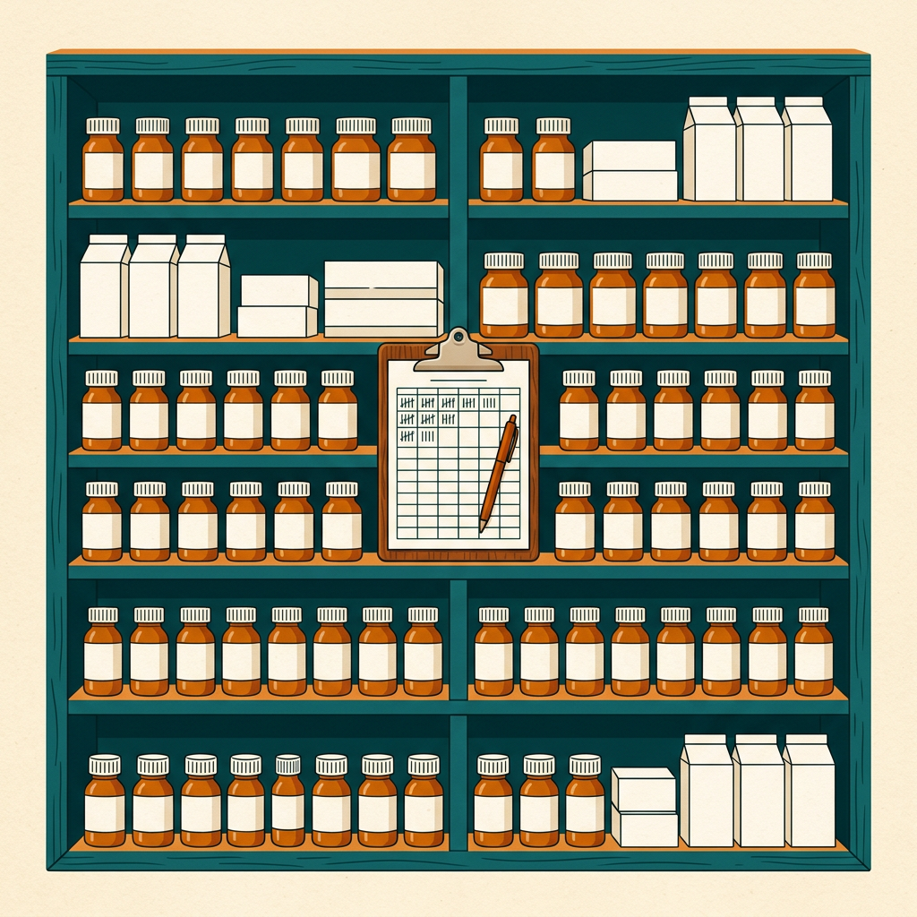 Illustration of a pharmacy shelf with amber vials and a counting clipboard
